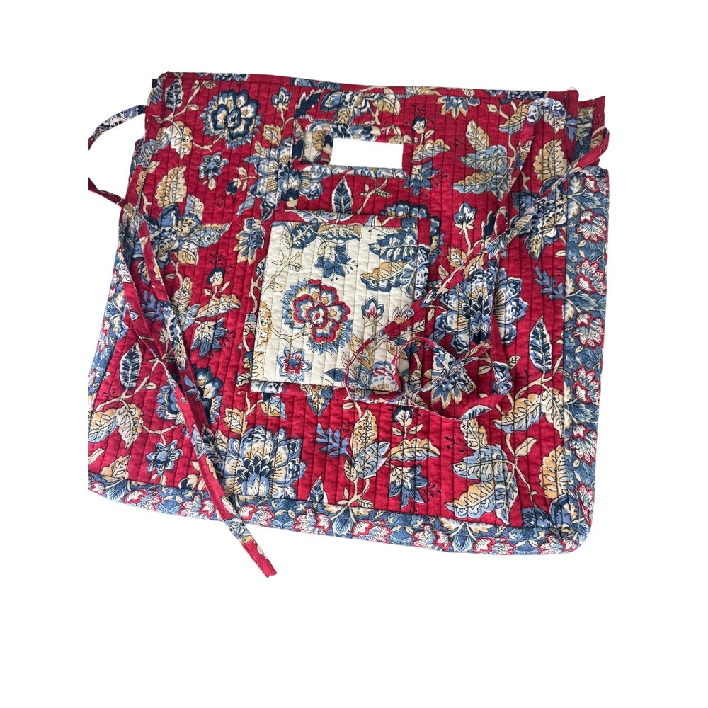 Pottery Barn Quilted Chair Pad Red Floral Block Print Tie Back Seat Cushion